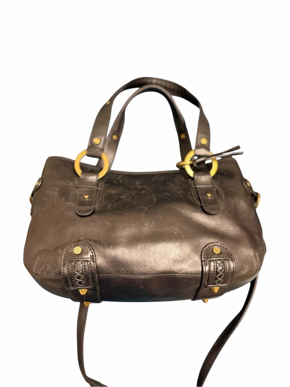 Eileen West Black Leather Satchel Handbag Floral Embossed
